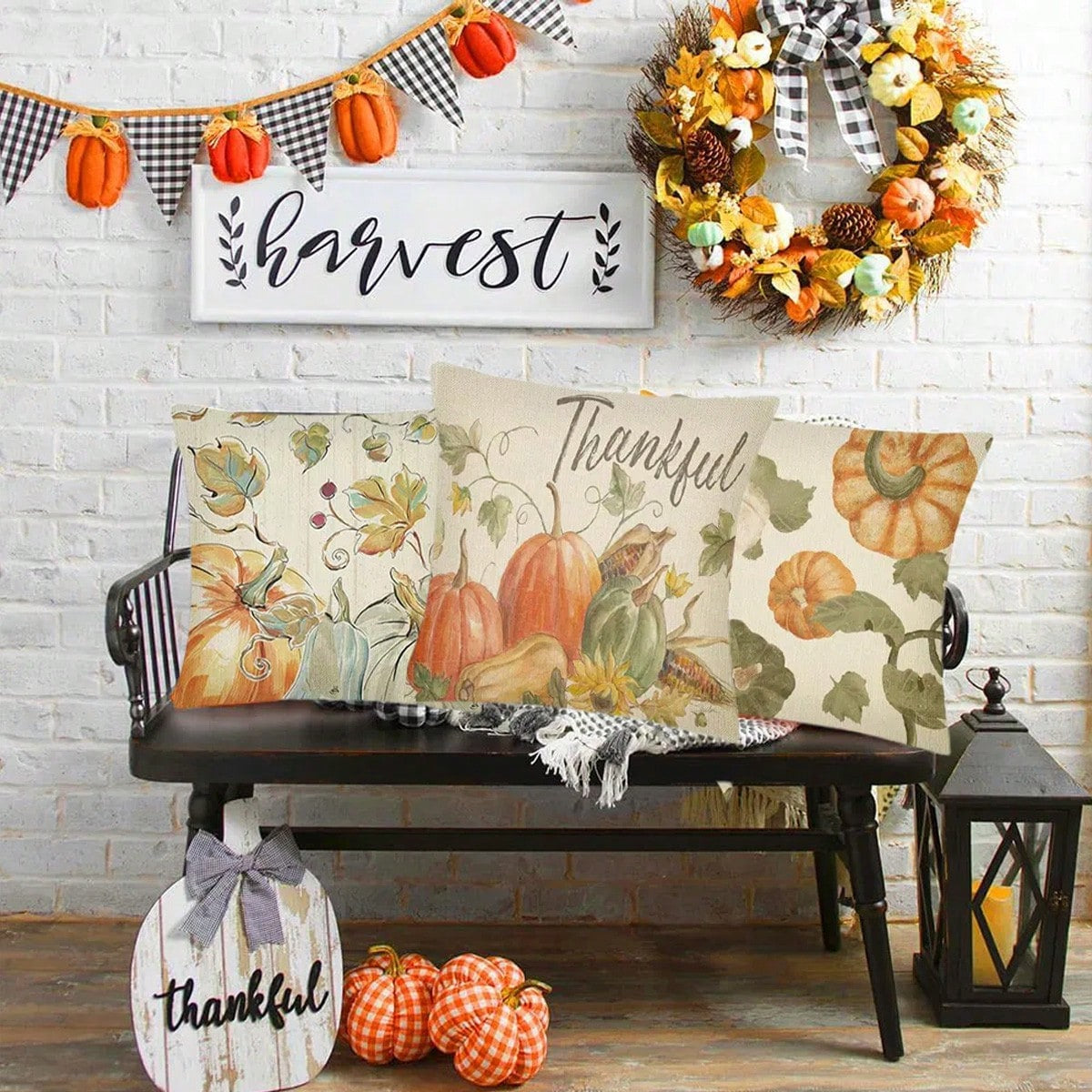 Fall Pillow Covers Set Of 4 Pumpkin Pick Of The Patch Thankful Pattern Autumn Throw Pillow Covers Thanksgiving Watercolour Outdoor Farmhouse Pillow Case For Home Sofa Couch Supplies