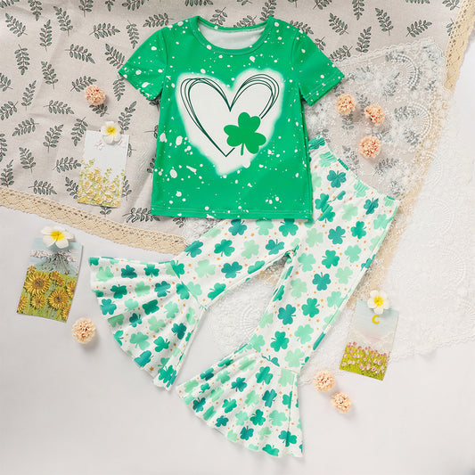 Girl's Clover Print 2-Piece Set, Short Sleeve T-Shirt And Flare Leg Pants For Spring And Summer