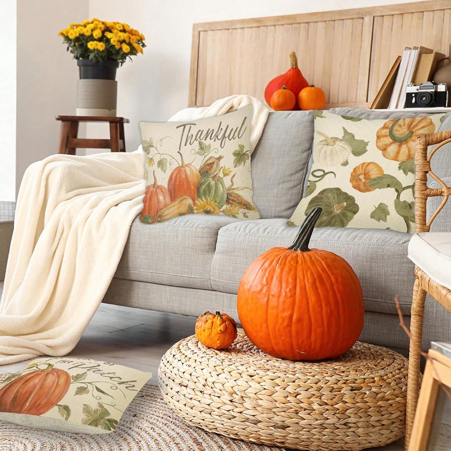 Fall Pillow Covers Set Of 4 Pumpkin Pick Of The Patch Thankful Pattern Autumn Throw Pillow Covers Thanksgiving Watercolour Outdoor Farmhouse Pillow Case For Home Sofa Couch Supplies