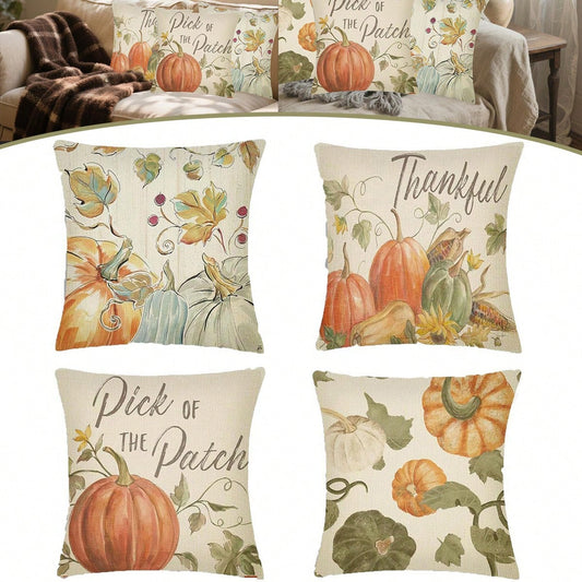Fall Pillow Covers Set Of 4 Pumpkin Pick Of The Patch Thankful Pattern Autumn Throw Pillow Covers Thanksgiving Watercolour Outdoor Farmhouse Pillow Case For Home Sofa Couch Supplies
