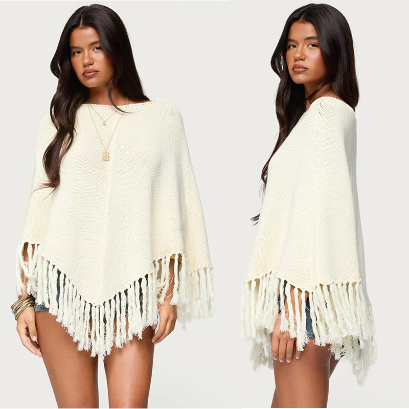 Womens Solid-Color Tassel Wool Top