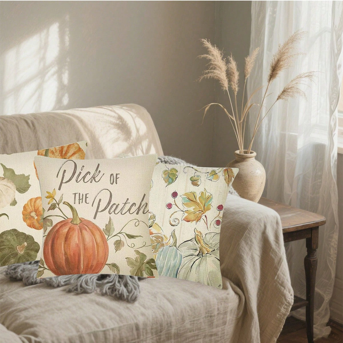 Fall Pillow Covers Set Of 4 Pumpkin Pick Of The Patch Thankful Pattern Autumn Throw Pillow Covers Thanksgiving Watercolour Outdoor Farmhouse Pillow Case For Home Sofa Couch Supplies