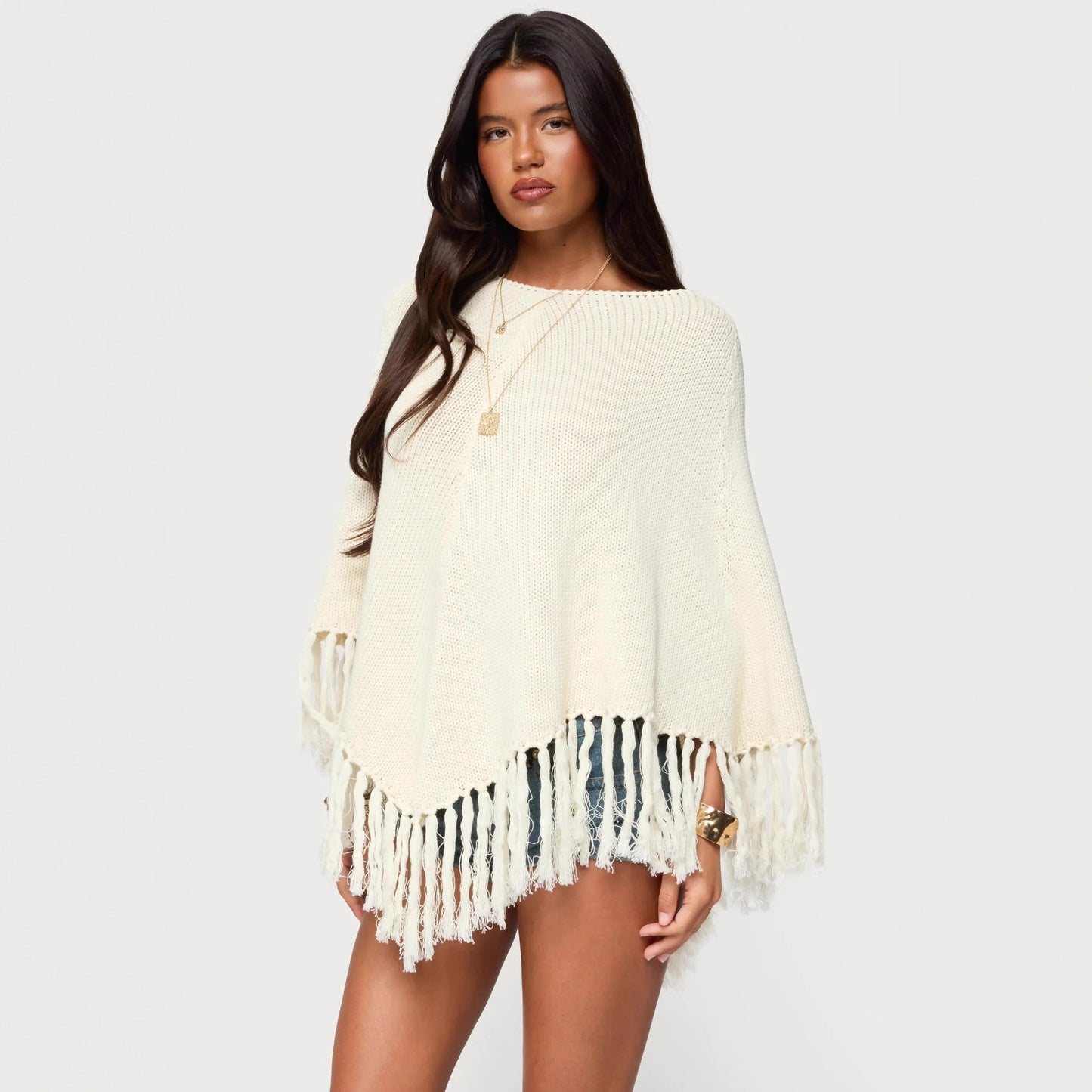 Womens Solid-Color Tassel Wool Top