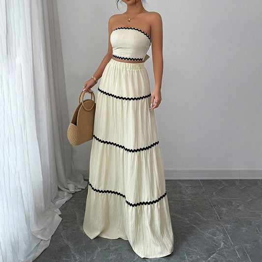 Women's Summer 2-Piece Set, Strapless Tube Top & Flared Ruffle Skirt