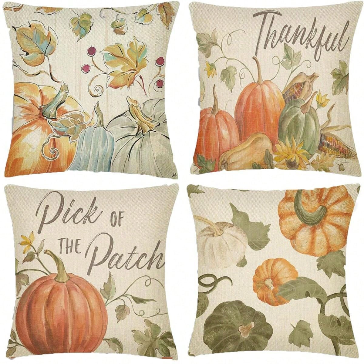 Fall Pillow Covers Set Of 4 Pumpkin Pick Of The Patch Thankful Pattern Autumn Throw Pillow Covers Thanksgiving Watercolour Outdoor Farmhouse Pillow Case For Home Sofa Couch Supplies