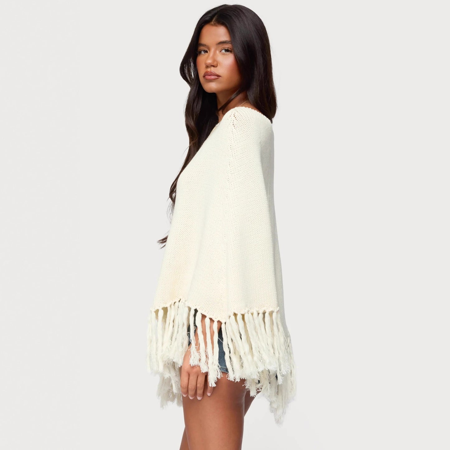 Womens Solid-Color Tassel Wool Top