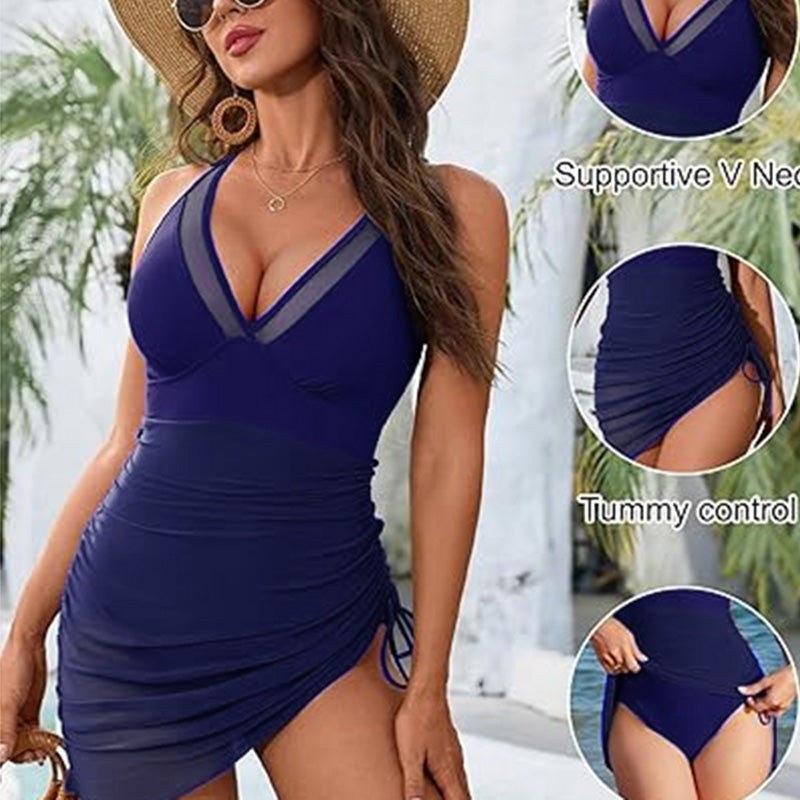 Women's One-Piece Swim Dress, Tummy Control Swimsuit With Mesh Sheer Sarong Wrap